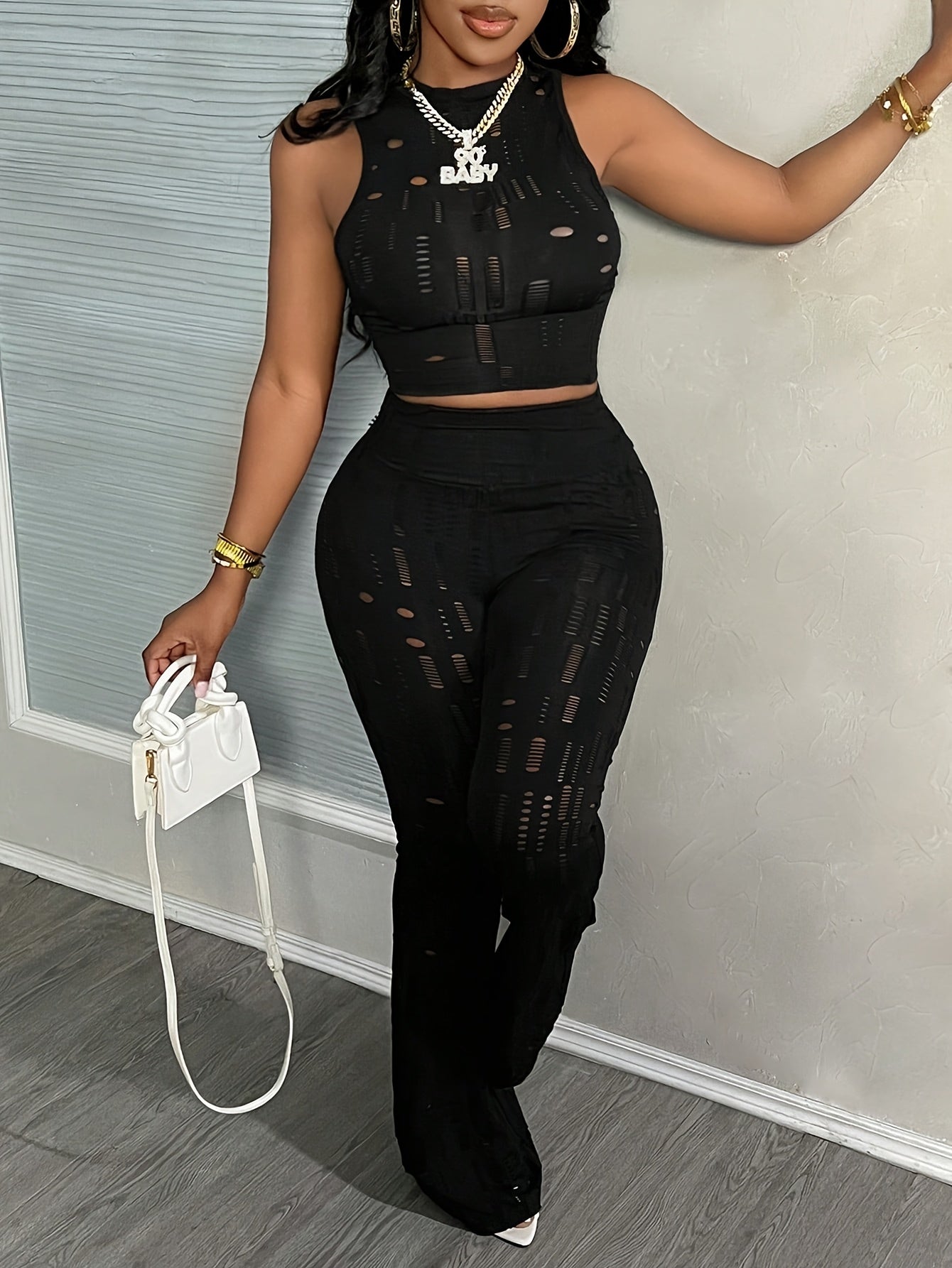 Women's Chic Two-Piece Set: Sexy Sleeveless Mesh Crop Top & High-Waist Ripped Leggings - Polyester, Machine Washable, Perfect for Spring/Summer